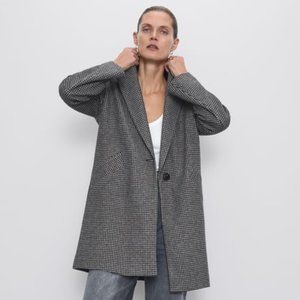 ZARA BUTTONED HOUNDSTOOTH WOOL BLEND COAT (L)